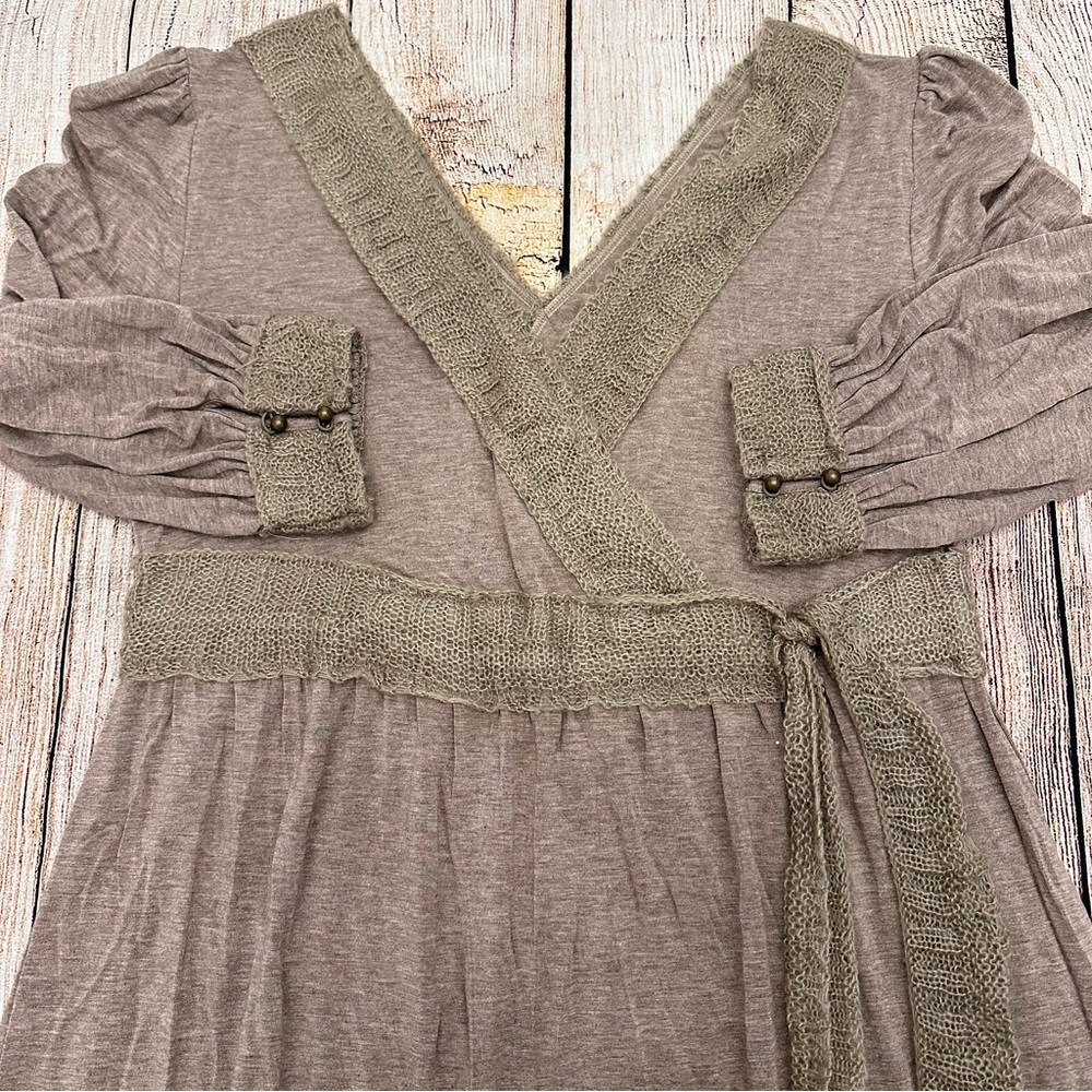 Soft Surroundings Tan Maxi Dress Size Small Boho Comfort Crochet Wrap Soft Cozy - Picture 2 of 7